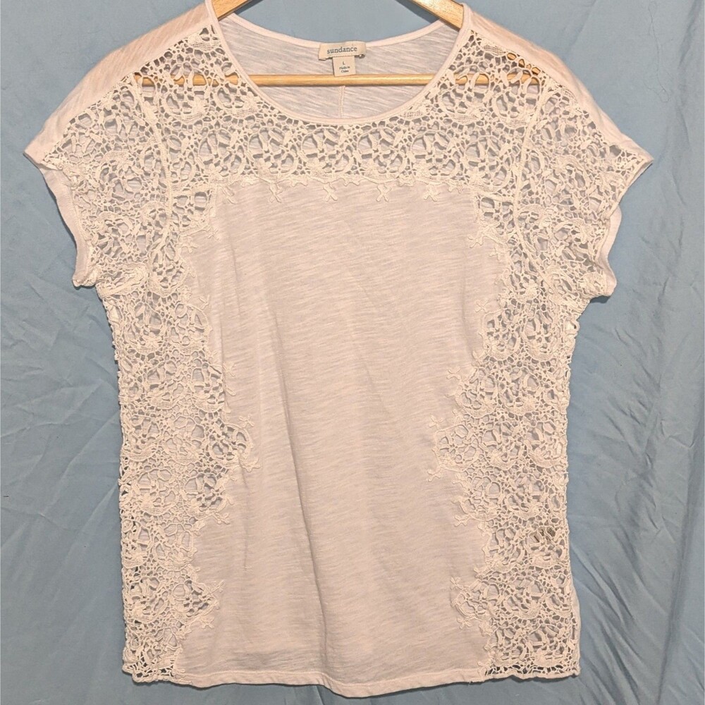 Sundance Blouse Womens L White Crochet Floral Cap Sleeve Shirt Top Boho Fairy
